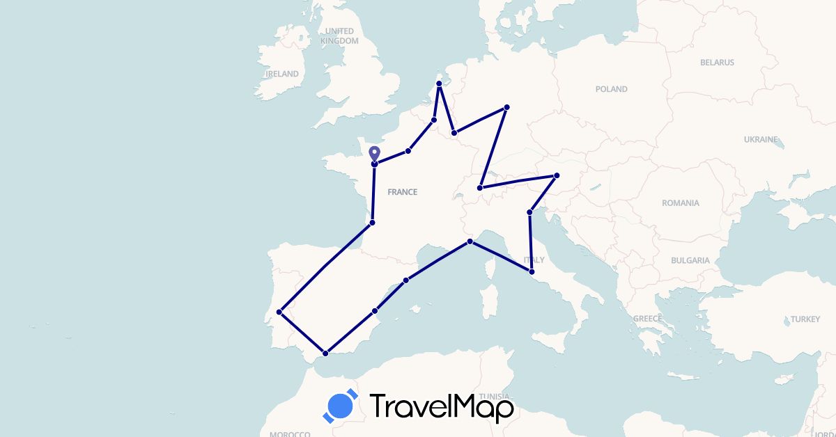 TravelMap itinerary: driving in Austria, Belgium, Switzerland, Germany, Spain, France, Italy, Luxembourg, Monaco, Netherlands, Portugal (Europe)